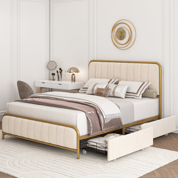 Luxury Velvet Upholstered Platform Bed Frames Round Storage Bed