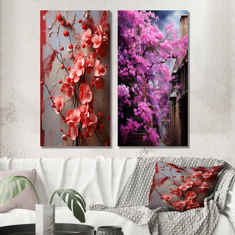 Ensemble de 2 impressions murales roses en métal fuchsia II - Fuchsia, H 28 po x l 24 po