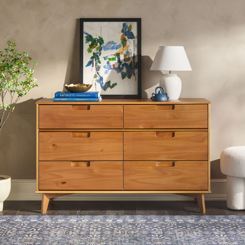 Yarber 6 Drawer Solid Wood Double Dresser, Caramel