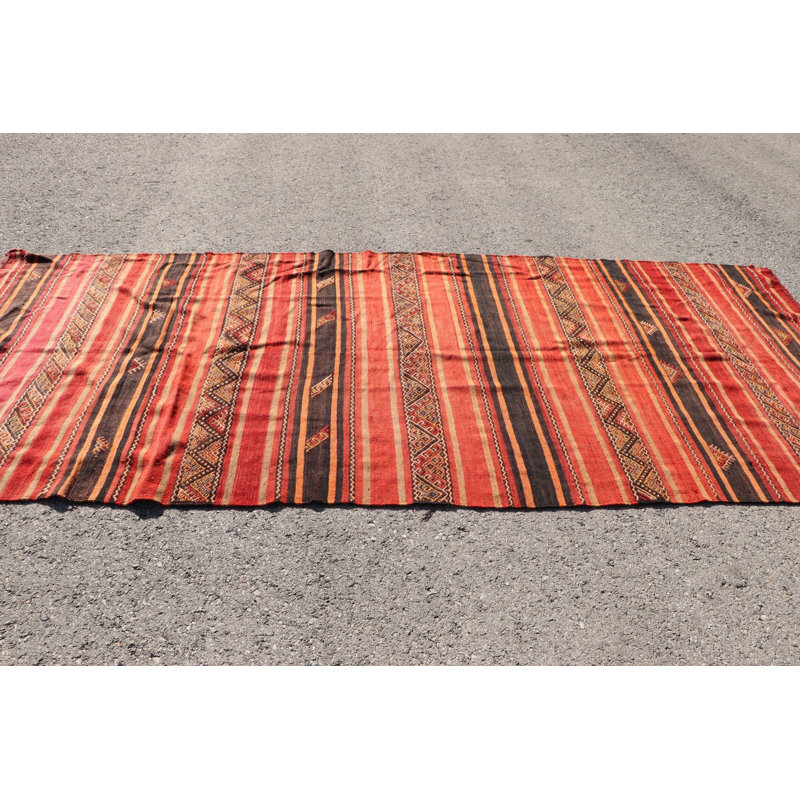 Grand kilim turc fait à la main avec des rayures rouges et noires pour un décor de salon et un tapis de style bohémien