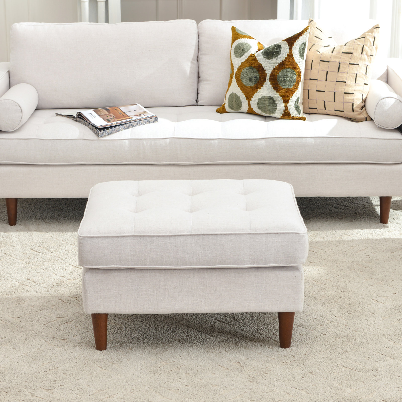 Geo 30" Linen Upholstered Ottoman, Linen, Ivory
