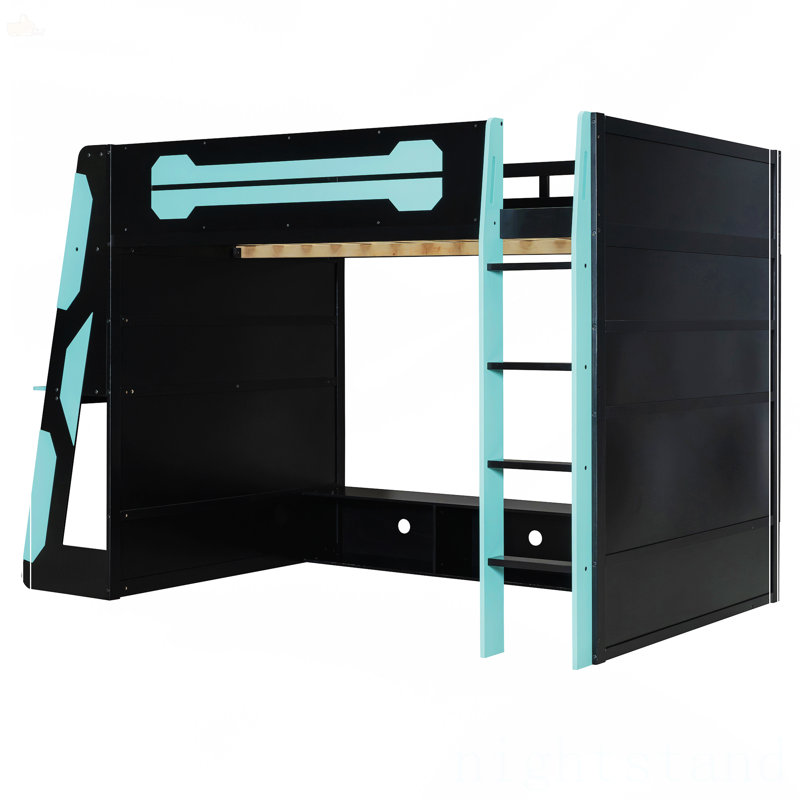 Lit mezzanine double en bois avec bureau, Bleu