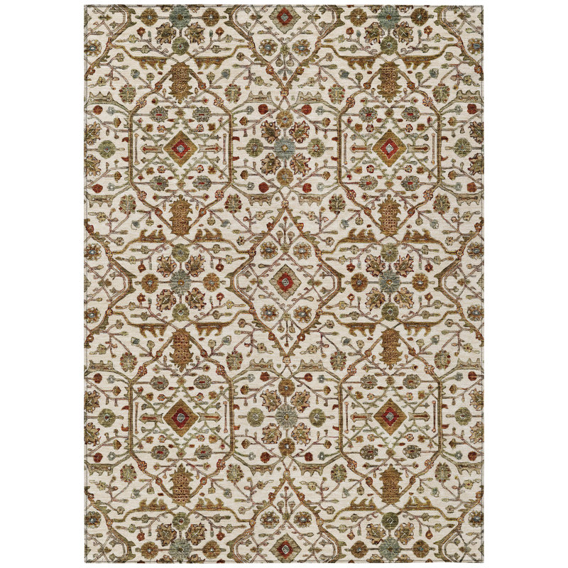 Ivory and Multicolor Synthetic Flat Woven Washable Rug, 5' x 7'