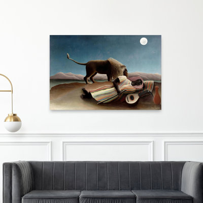 Sleeping Gypsy, 1897 Classic Traditional Abstract Lion Landscape Nature Wall Art Print by Henri Rousseau - Wrapped Canvas Print