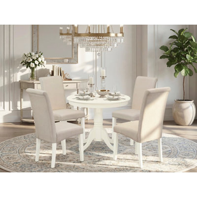 5 Piece Modern Dining Set Includes a Round Kitchen Table with Pedestal and 4 Cream Linen Fabric Parsons Dining Chairs, Linen White