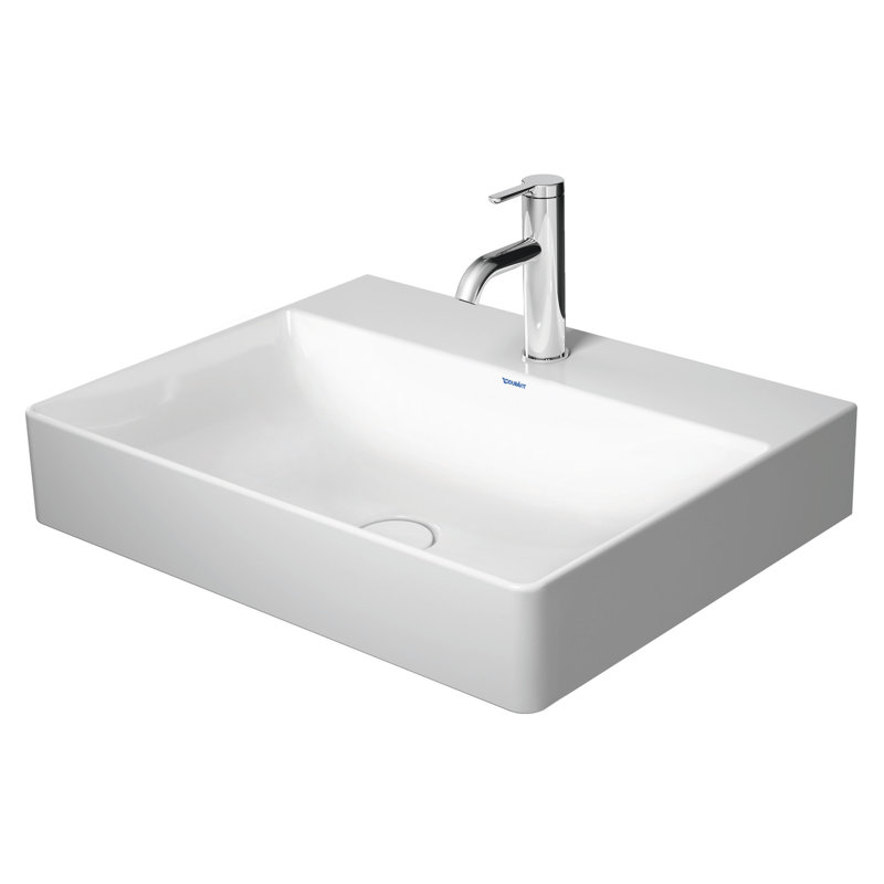 White Ceramic Rectangular Wall Mount Bathroom Sink, 8" Centers