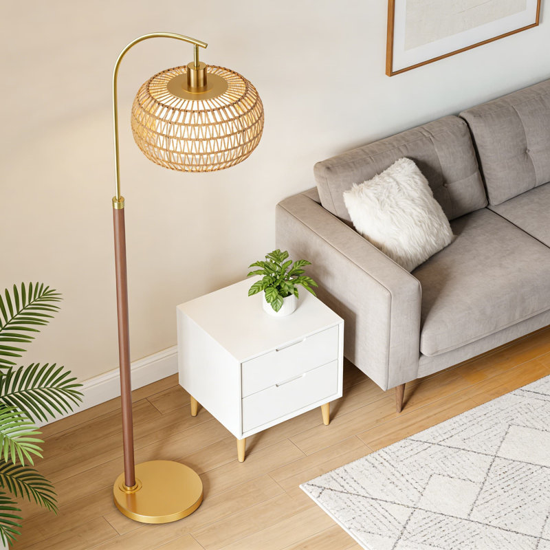 Modern Arc Floor Lamp With Remote Control - Adjustable Dimmable LED Light With 3 Color Temperatures, Rattan & Linen Shade For Living Room, Bedroom, Or Farmhouse Decor