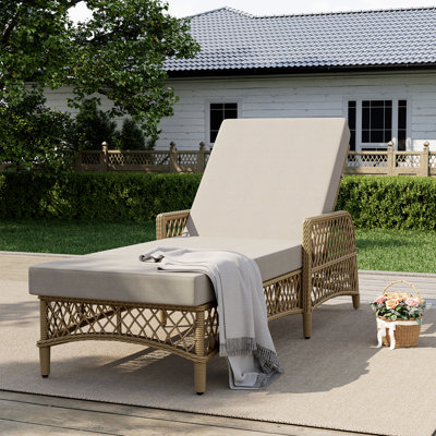 Lindenwold 1-Piece Wicker Patio Chaise Lounge With Beige Cushions