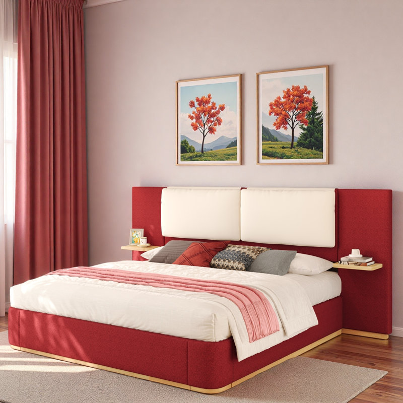 Lit plateforme tapissier avec tablettes, Grand lit, Rouge / Beige