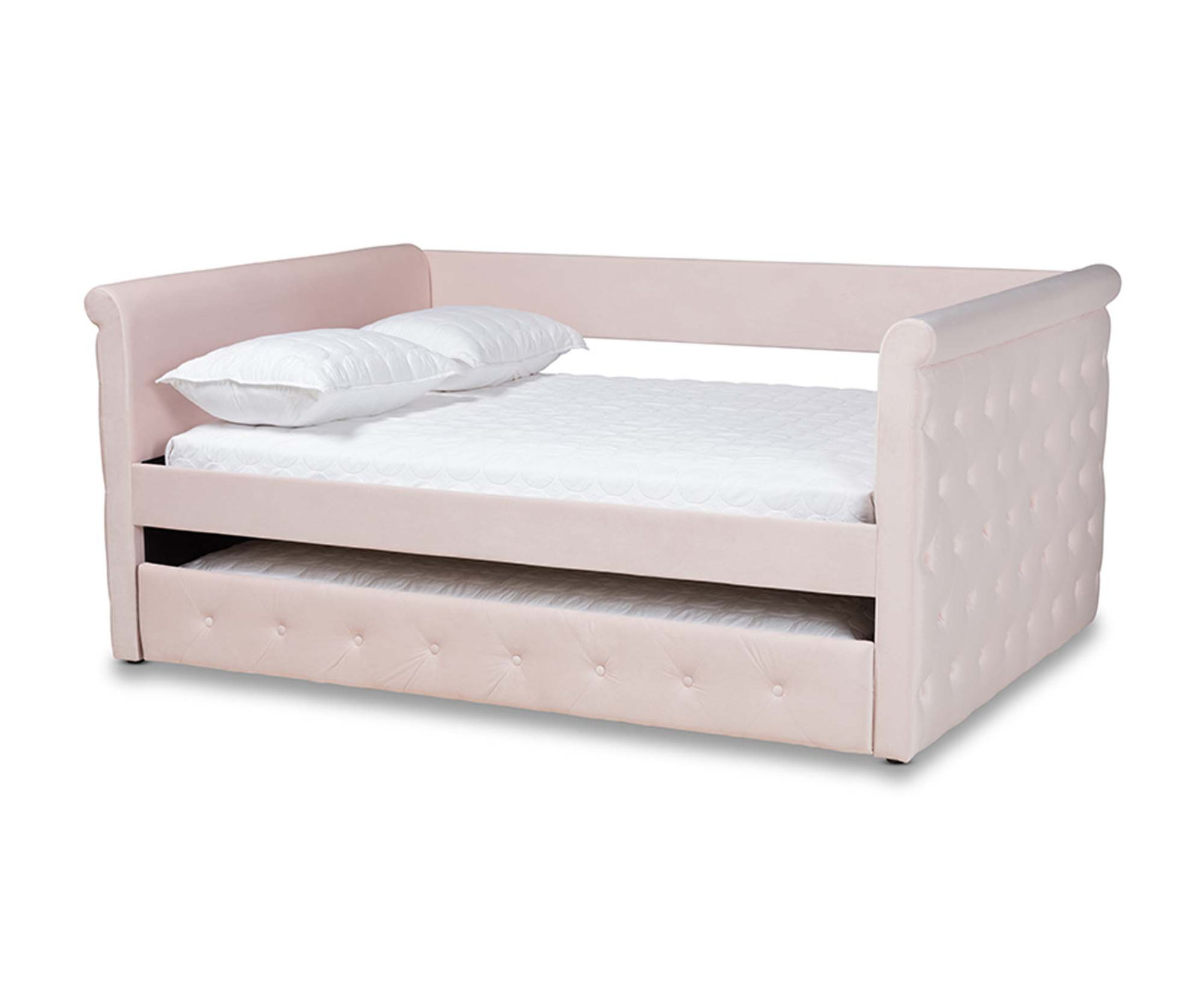 Samitha Upholstered Daybed with Trundle, Light Pink Velvet, Twin