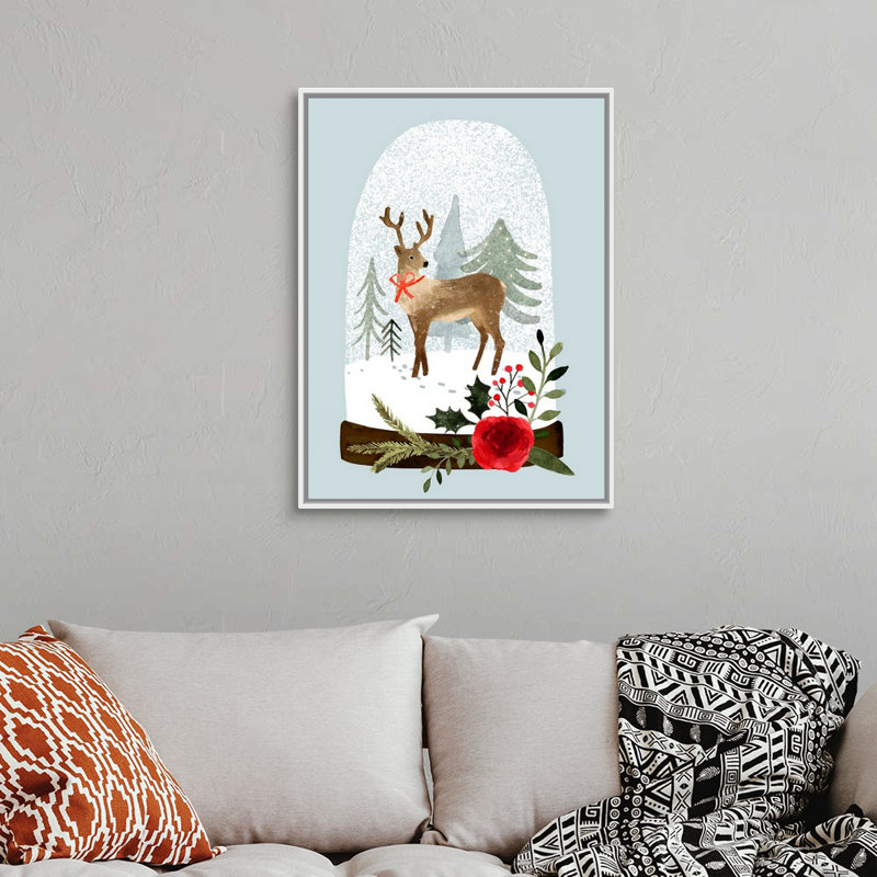Snow Globe Village III - peinture sur toile tendue, H 33,25 po x l 25,25 po, Cadre blanc