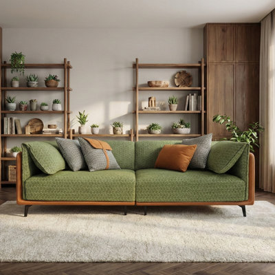  Canapé de 86,6 po de largeur à accoudoirs modernes en tissu 3 places, coussin contemporain avec accoudoirs avec 4 coussins décoratifs et pieds en métal pour le bureau du salon, vert et orange