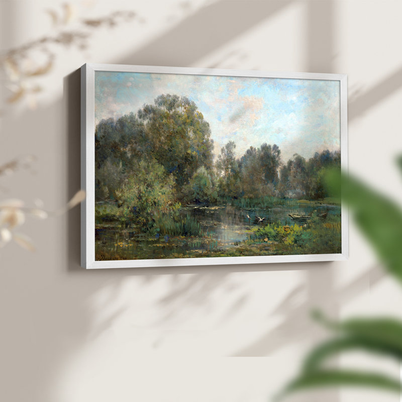 River with Storks -Framed Print - Restickable, 11" H x 14" W, White