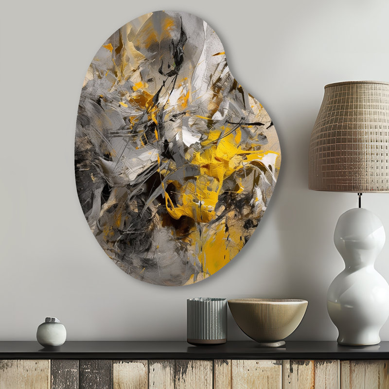 Moutarde jaune et gris vif III - art abstrait en forme de poire en métal asymétrique, H 30 po x l 22 po