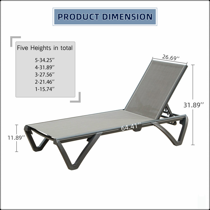 Patio Chaise Lounge Outdoor Aluminum Polypropylene Chair With Adjustable Backrest For Ultimate Comfort And Relaxation, Gray