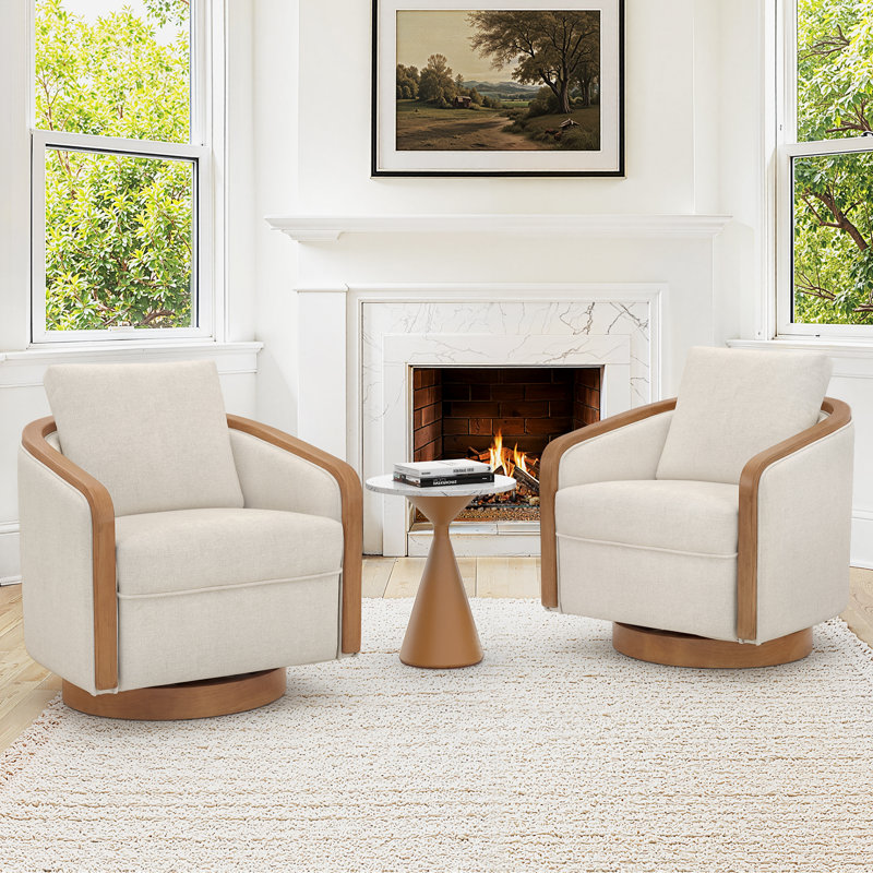 Fauteuil demi-tonneau pivotant rembourré de 29,2 po de large Dove avec structure en bois massif, Lin, Brown Wood