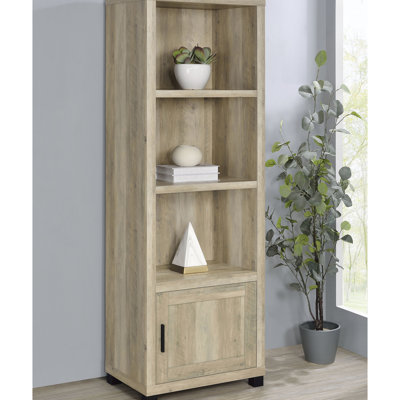 Tour média en bois d'ingénierie à 3 tablettes avec finition en pin vieilli, orientation verticale, quatre articles de rangement et de décoration intérieure en pin, tablettes, rangement, espaces de vie idéaux à petite échelle