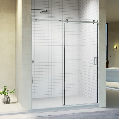 Portes de douche coulissantes simples sans cadre l 56 à 60 po x H 74 po, porte de douche coulissante pour salle de bain, porte en verre trempé épais de 5/16 po (8 mm), CCG, nickel brossé