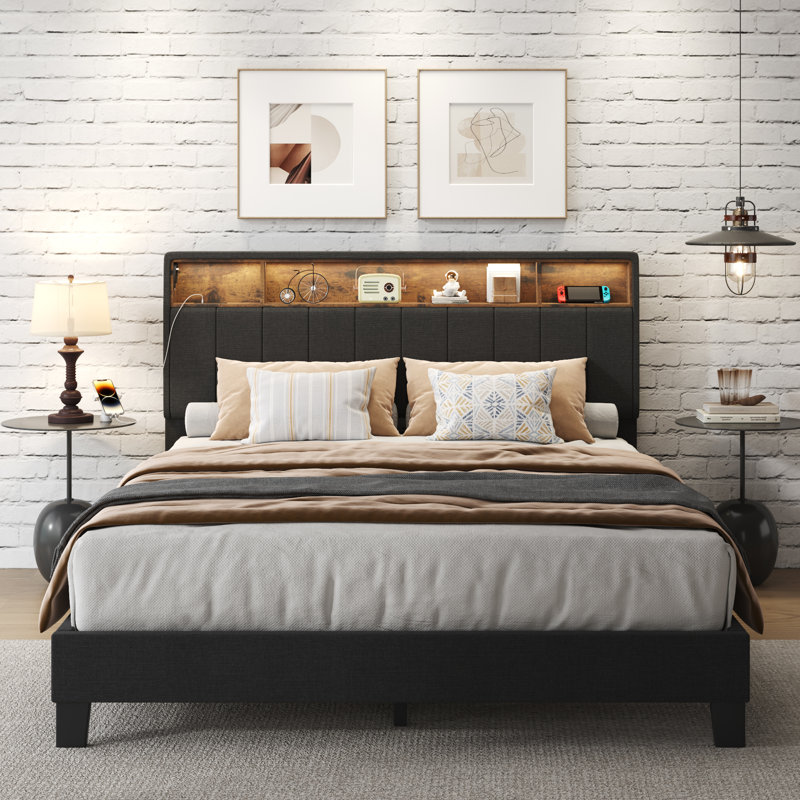 Eoin Upholstered Bookcase Storage Bed, Dark Gray