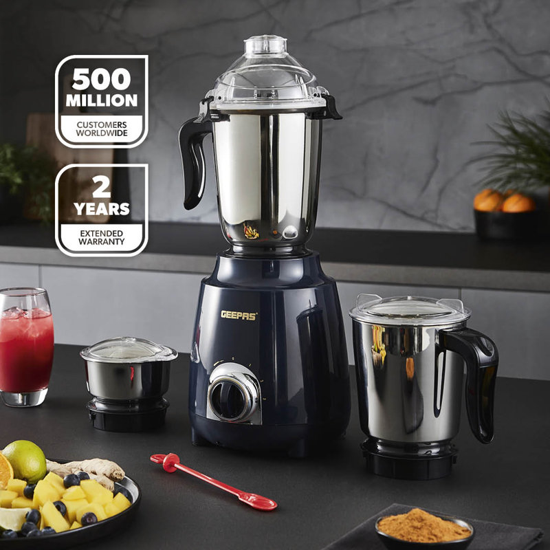 GEEPAS 600W 3-in-1 Mixer Grinder | Stainless Steel Jars, Blades | 3 Speed Control, Perfect for Chutney, Dry & Wet Fine Grinding Mixing Overload Protection Shockproof Body | 2 Yr Warranty