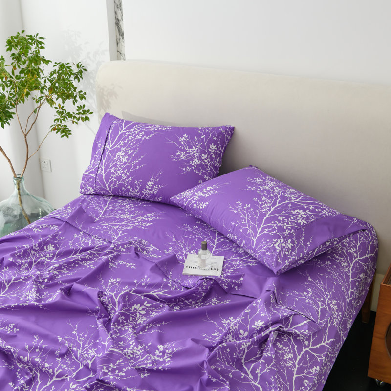 Ensemble de draps en microfibre Foliage, Ensemble de draps pour lit simple avec un drap-hou, Mauve/Ivoire