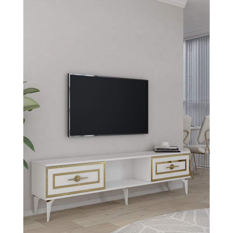 Modern TV Stand with Wall-Mount Option, White & Gold, 59.1 x 17.6 x 11.6 inches | 100% Melamine Coated Particle Board, Thickness: 0.7 inches | Stylish & Functional Design for Living Room & Entertainment Spaces