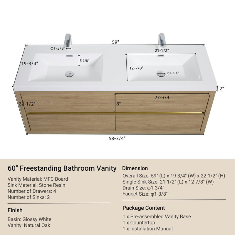 59" Wall-Mounted Bathroom Vanity with Double Sinks, Oak Natural