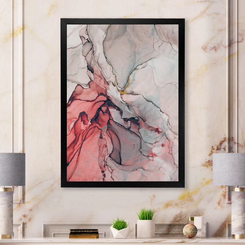 Ondulations de marbre rose et rouge - œuvre d'art moderne sur toile, H 32 po x l 16 po x P 1 po, Toile avec cadre photo noir