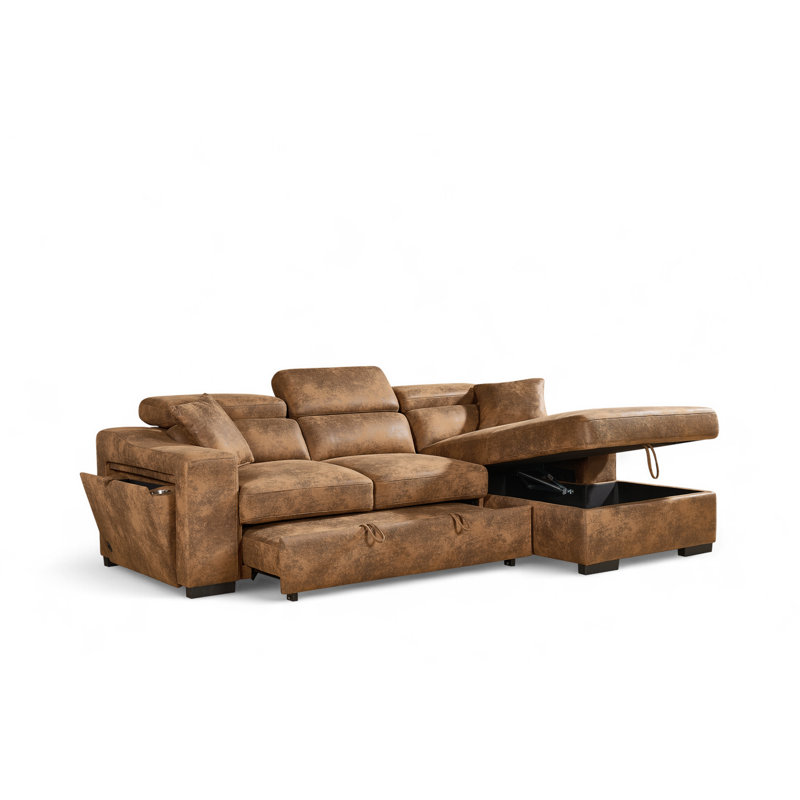 4 Seater Sofa Bed, Brown Microfiber / Microsuede, Right Hand Facing