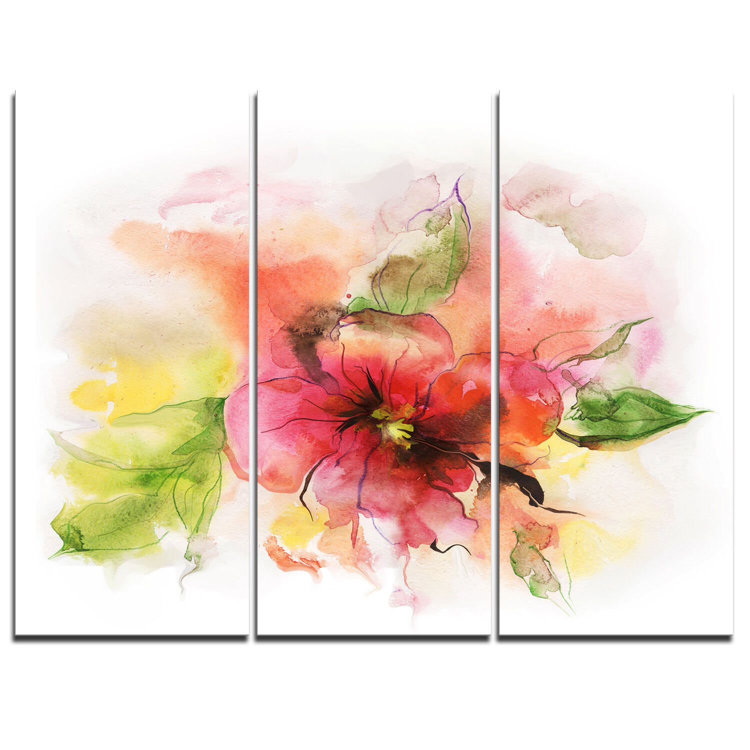 Design Art Pink and Red Floral Design - 3 Piece Painting Print on ...