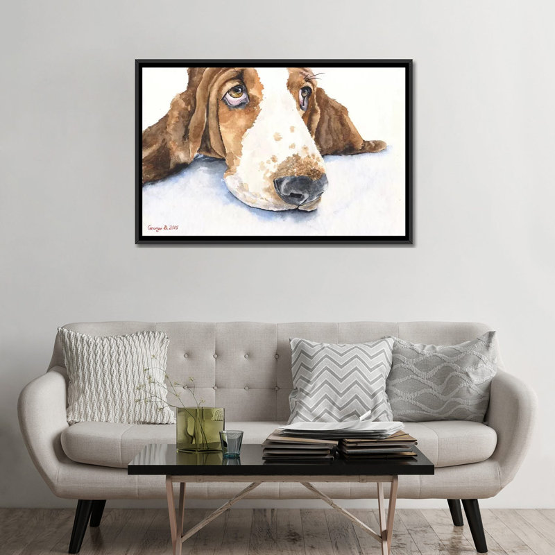 « basset v », impression sur toile, H 18 po x l 26 po x P 1,5 po, Toile avec cadre noir, Pas de tapis
