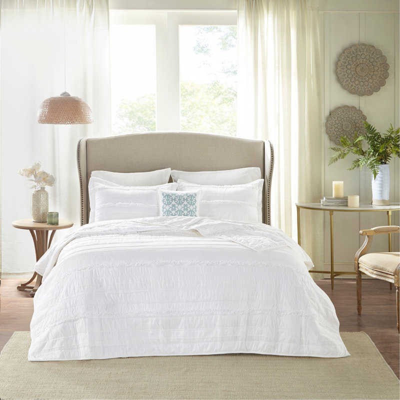 Ensemble de courtepointe réversible en microfibre 4 pièces avec coussin décoratif blanc