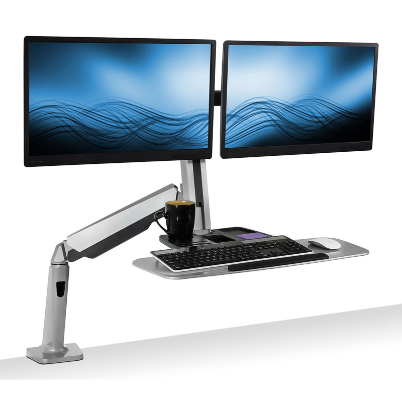 Adjustable Silver Standing Desk Converter with Dual Monitor Mount