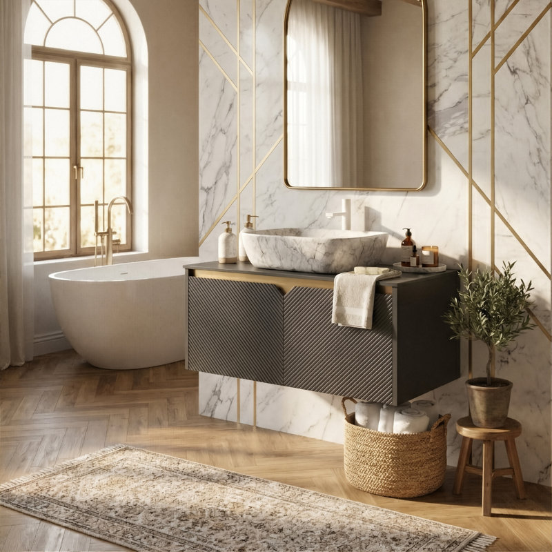 Ensemble de meuble-lavabo mural 30 po, fabrication en contreplaqué, plateau en pierre frittée, lavabo vasque en céramique et rangement à fermeture en douceur (noir)
