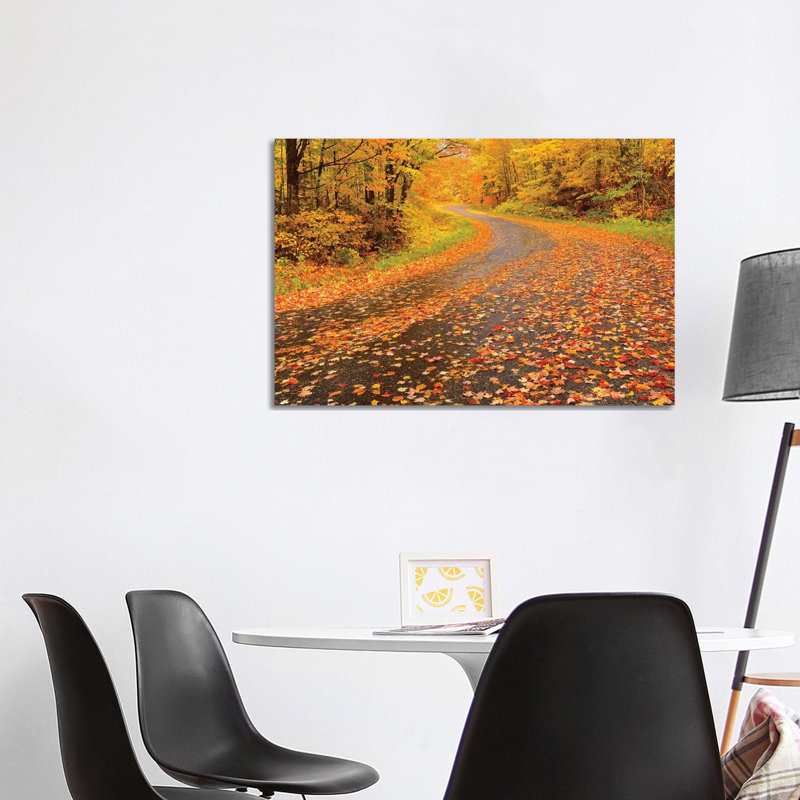 Canada, Ontario, Goulasi River. Country Road Lined With Fallen Maple Leaves by Jaynes Gallery - Wrapped Canvas Print