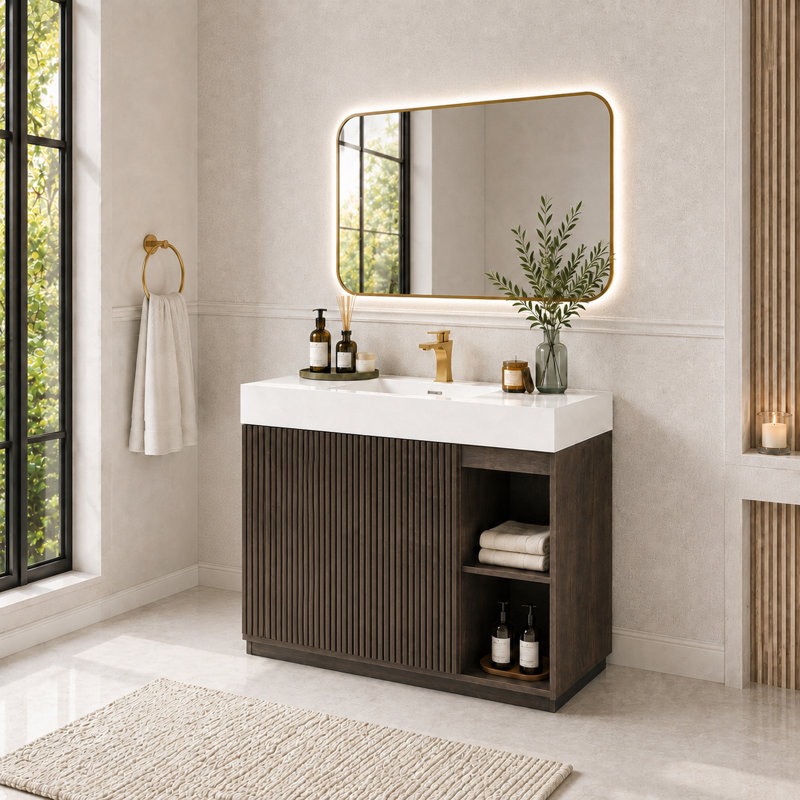 Meuble-lavabo autoportant de 122 cm (48 po) avec lavabo monobloc en surface solide, armoire de rangement spacieuse, fermeture amortie et design moderne