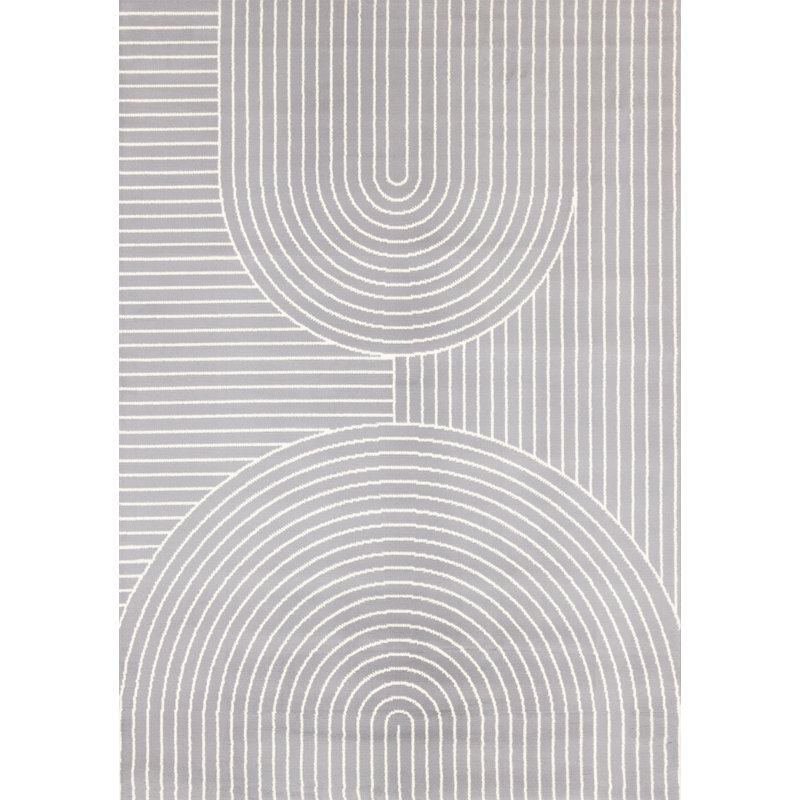 Fresno Grey White Double Arches Striped Area Rug, Rectangle 5'3" x 7'5"