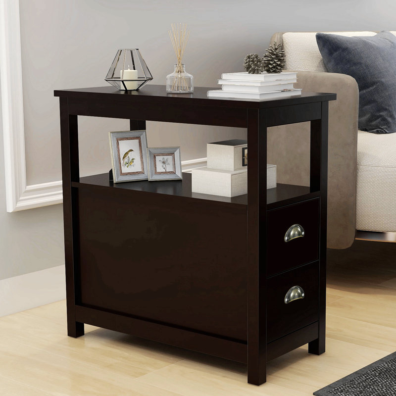 End Table Narrow Nightstand With Two Drawers And Open Shelf-Brown
