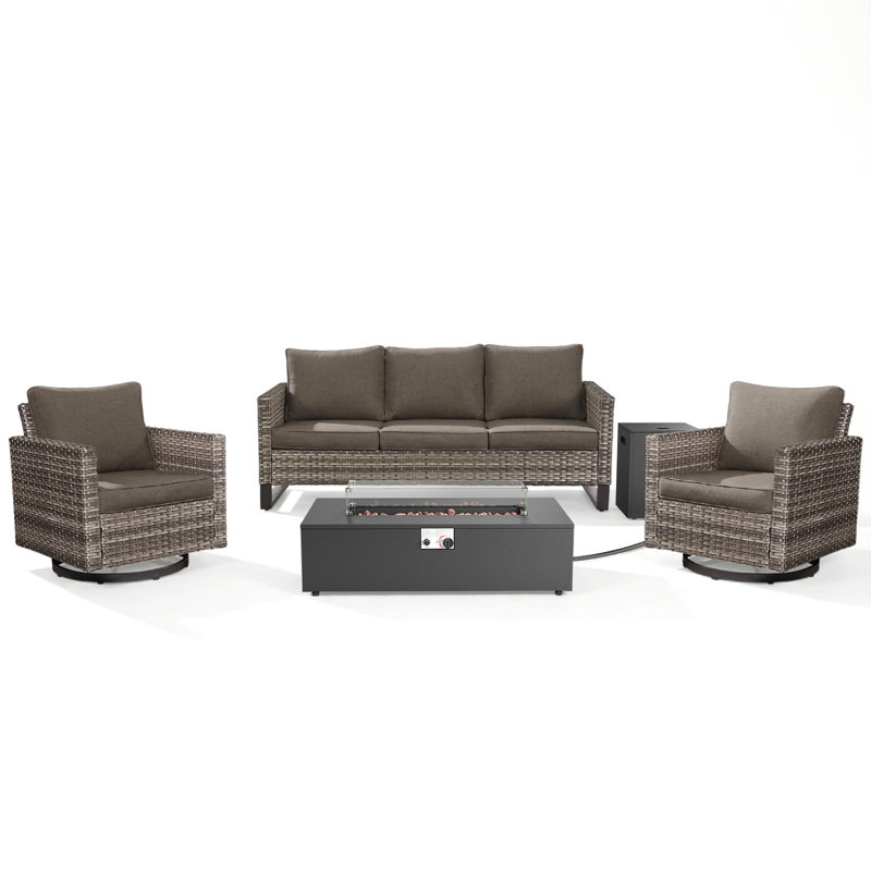 Hansencamp 4-Piece All Weather Wicker Patio Conversation Set With Swivel Gliders And Split Fire Pit Table, Gray, Gray
