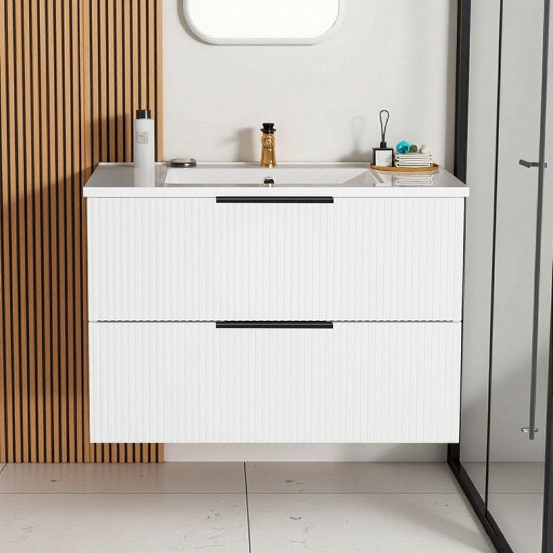 ​​36 Inch Wall-Mounted Floating Vanity with Ceramic Sink​, White