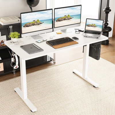 Bureau pour travailler debout électrique à hauteur réglable avec plissoir pour bureau à domicile, 40 po x 24 po, ton de bois blanc, forme rectangulaire, réglage manuel, base en forme de T, conception ergonomique, supporte 80 kg, multicolore