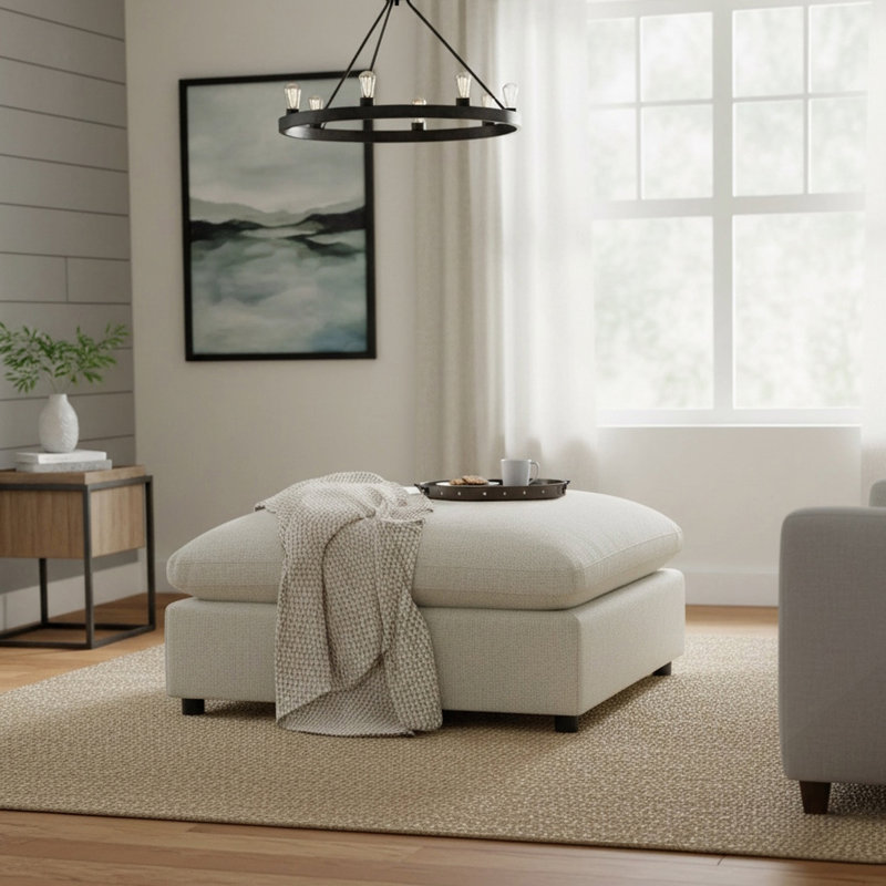 Cassandra Beige Fabric 40 In. Square Ottoman, Beige