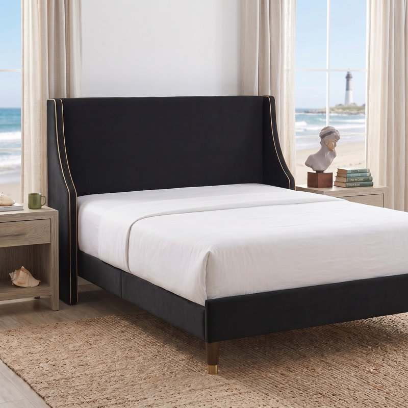 Melaya Wingback Upholstered Platform Bed Frame, Queen, Black