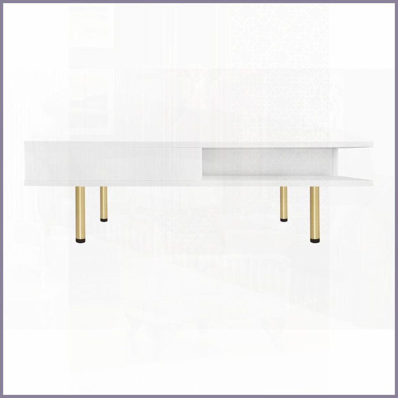 Table basse moderne blanche avec pieds dorés et amp; 2 tiroirs - plateau ultrabrillant facile à nettoyer Vaste espace de rangement pour le salon