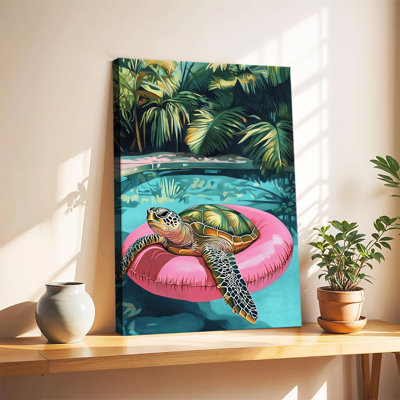 Tableau coloré représentant une tortue marine se relaxant sur un matelas gonflable rose entouré de feuillage tropical, grande toile tendue sur châssis pour salon ou chambre.