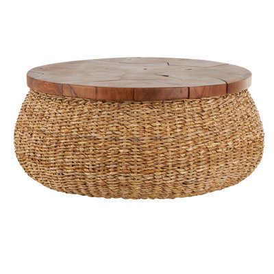 Kai Cole And Grey Rattan Wrapped Living Room Brown Coffee Table With Teak Tabletop