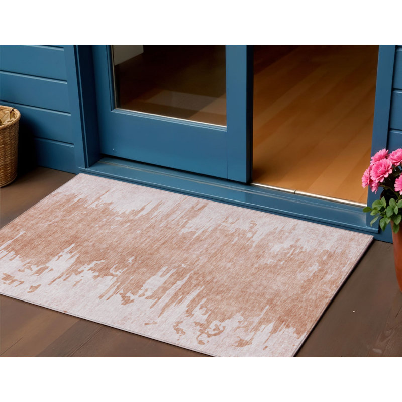 3' X 5' Terra Cotta Salmon And Copper Abstract Washable Indoor Outdoor Area Rug