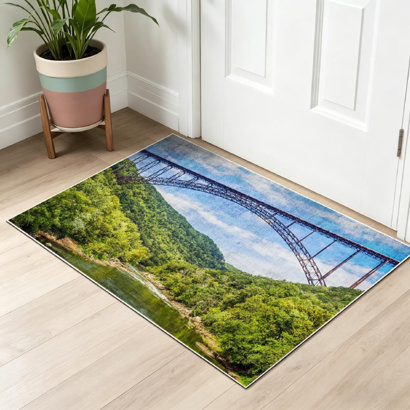 Tapis bleu lavable à la machine bleu West River New River Bridge, Rectangle 32 po x 47 po