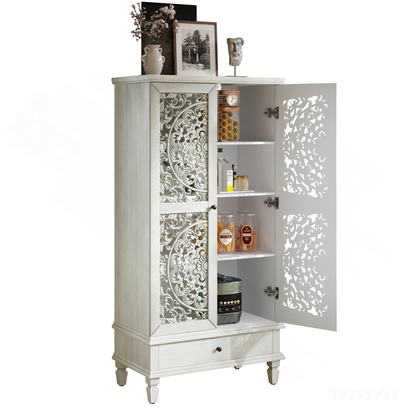 Rustic 55'' Tall Storage Cabinet With Drawer, Decorative 2-Door Carved Wood Accent Cabinet With Solid Wood Legs For Living Room, Hallway, Dining Room, Antique Grey White