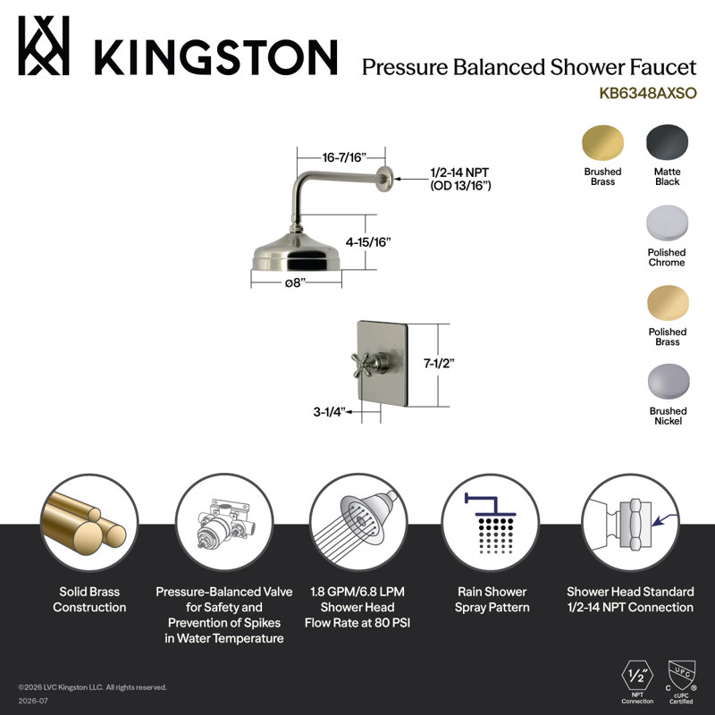 Robinet de douche à pression équilibrée Kingston, Laiton brossé